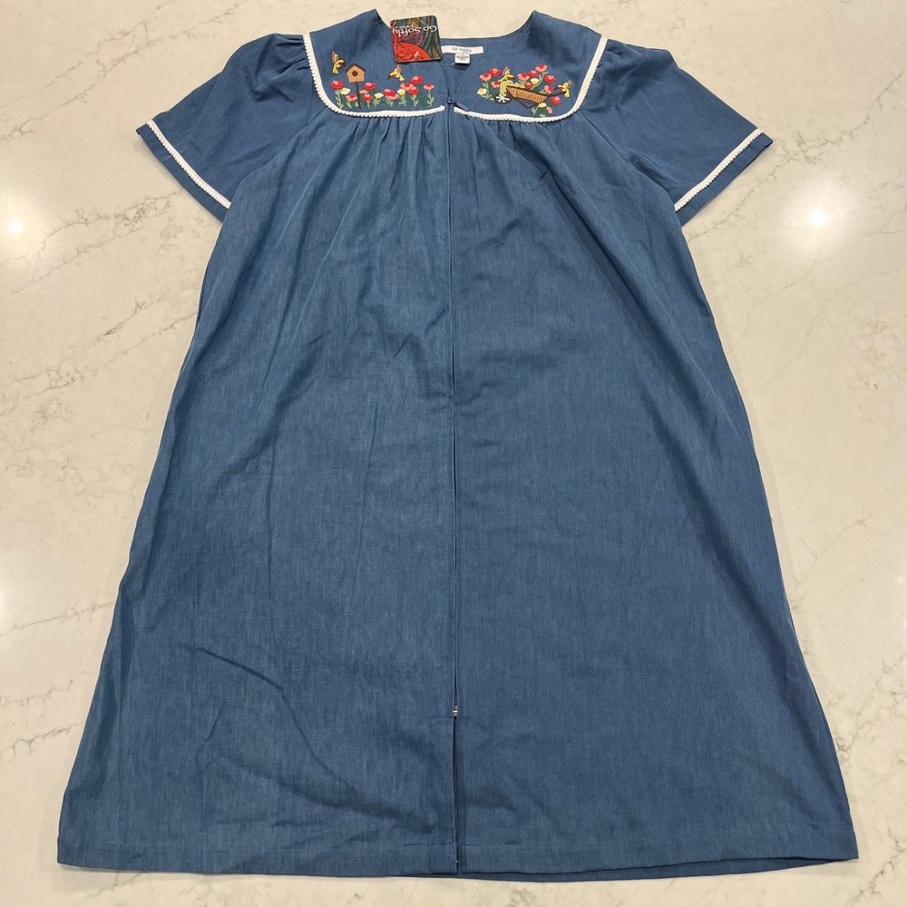 Go Softly NEW Cotton Chambray Patio House M Dress Muumuu Embroidered Floral Bird